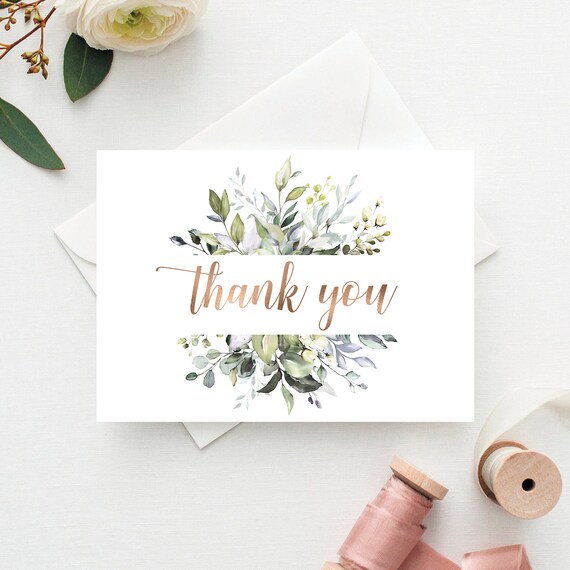 Printable Thank You Cards, Greenery,  Folded Thank You Card Template, Garden Greens, Instant download, Thank You DS01