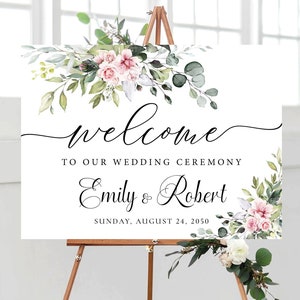 Signo de bienvenida de boda de vegetación rubor, signo de bienvenida de boda de vegetación, signo de bienvenida de boda, signo de ensayo, eucalipto, decoración de boda, BG1