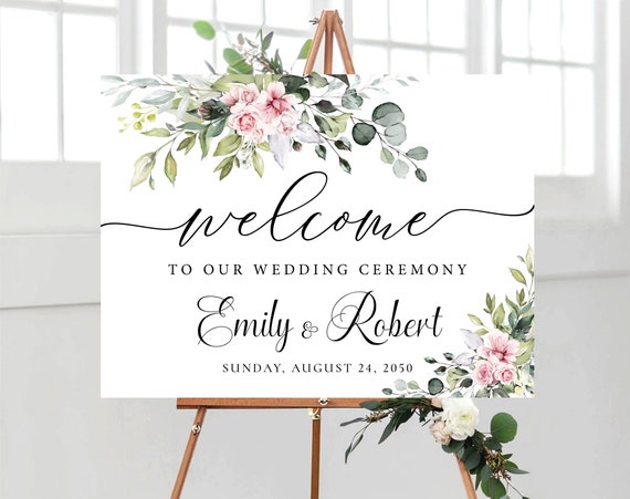 Blush greenery Wedding Welcome Sign, Greenery wedding Welcome Sign, Wedding Welcome Sign, Rehearsal Sign, Eucalyptus, Wedding Decor, BG1