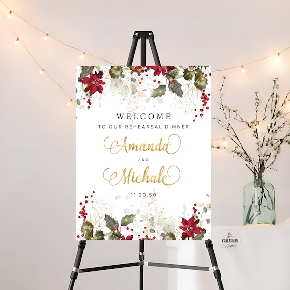 Christmas Rehearsal Dinner Welcome Sign, Digital File Only, Holiday Welcome Sign, Wedding Welcome Sign, Poinsettia and Lights, CRM1