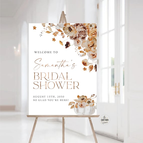 Bridal Shower Welcome Sign, Autumn Wedding Sign, Winter Bridal, Fall in love Bridal Shower Decor, Autumn Decor, Fall Leaves, Pumpkins, FL1