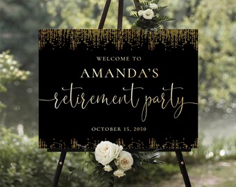 Minimalist Retirement Party Welcome Sign: Gold Confetti on Black (Digital Printable)
