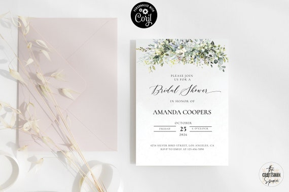 Greenery bridal shower Invitation, Corjl, Wedding shower invite, 100% Editable, Bridal brunch invite, Eucalyptus, HB1