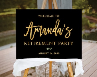 Minimalist Retirement Party Welcome Sign, Black and Gold (Digital Printable)