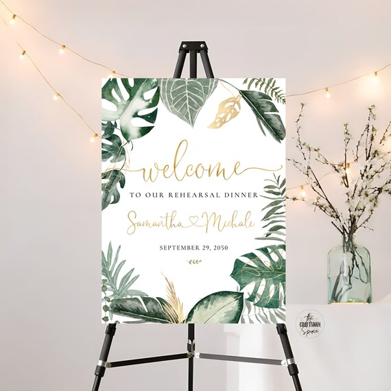 Tropical Rehearsal Dinner Welcome Sign, Leaves, Safari, Wedding Ceremony Decorations, One Day Away Sign, Botanical, Poster, Bohemian, TP2