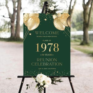 Class Reunion Welcome Sign, Gold Balloons & Confetti, Printable Any class any year Reunion Welcome Poster, 50 year High School Reunion Sign