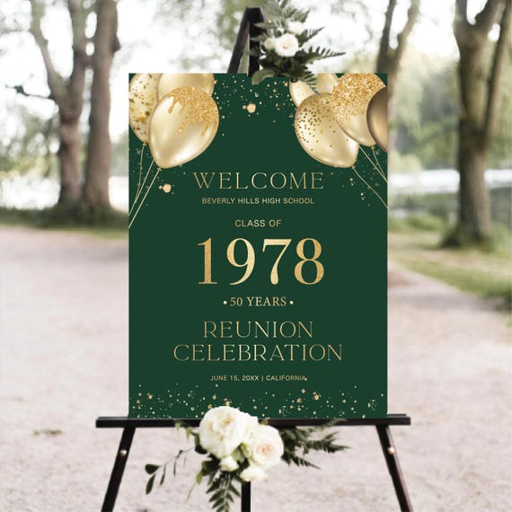 Class Reunion Welcome Sign, Gold Balloons & Confetti, Printable Any class any year Reunion Welcome Poster, 50 year High School Reunion Sign