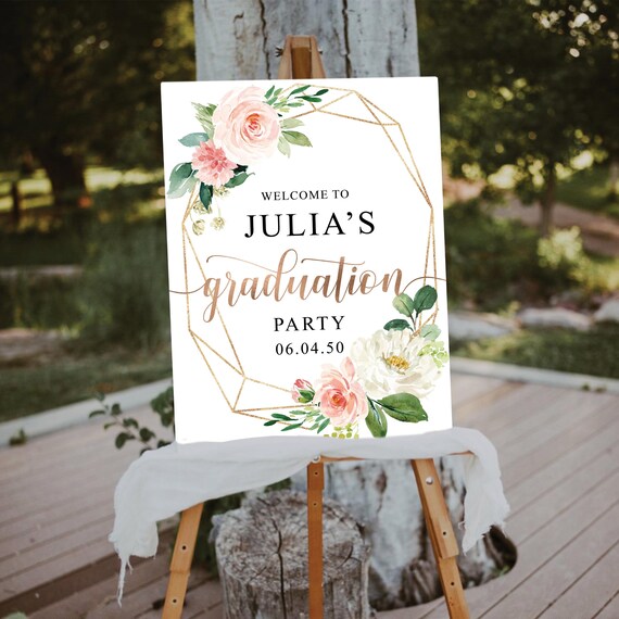 Custom Graduation Party Welcome Sign, Botanical Welcome, Grad Party Sign, Graduation Decoration, Editable, Graduation Sign, Blush pink roses