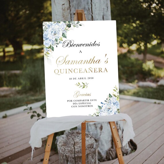 Dusty Blue Floral Quinceañera Welcome Sign, Botanical Decor, Sweet 16 Poster (Digital Printable)