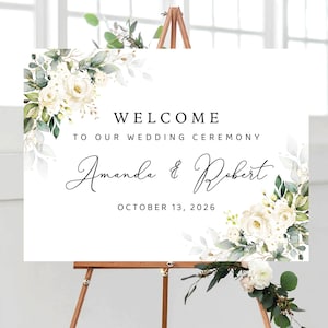 White roses Wedding Welcome Sign, Botanicals Wedding Decoration, Cream Roses Wedding Rehearsal Sign, Modern Wedding Poster, Eucalyptus, WR3