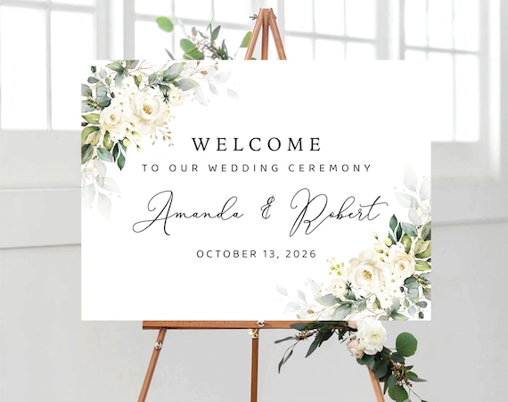 White roses Wedding Welcome Sign, Botanicals Wedding Decoration, Cream Roses Wedding Rehearsal Sign, Modern Wedding Poster, Eucalyptus, WR3