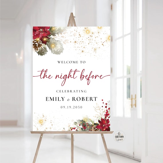 Christmas The Night Before Welcome Sign, Christmas Rehearsal Sign, Holiday Welcome Sign, Wedding welcome Sign, Poinsettia and Lights, CRM5