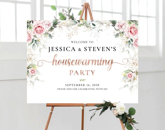 Blush Pink Greenery Housewarming Party Welcome Sign, New Home Party, New House Party Sign, House warming welcome sign, Blush pink roses, BG3