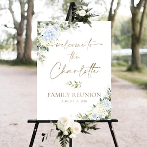 May include: Welcome to the Charlotte Family Reunion sign with blue and white watercolor flowers and greenery. The text is in gold script font and the date is August 15, 2050.