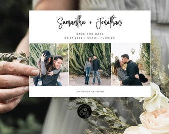 May include: Save the date card with a white background and black text. The text reads "Samantha + Jonathan" and "Save the Date 05.09.2025 | Miami, Florida". The card features three photos of a couple in a desert setting.