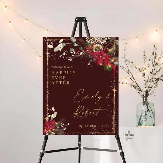 Christmas Wedding Welcome Sign Printable, Christmas Wedding Sign, Holiday Welcome Sign, Wedding welcome Sign, Poinsettia and Lights, CRM2