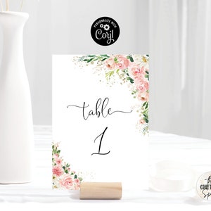 Blush Pink Floral Wedding Table Number Template, Editable (Digital Download)