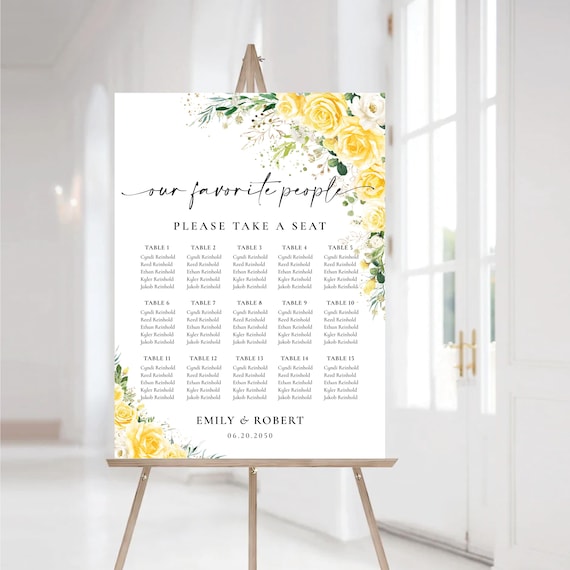 Floral Wedding Seating Chart, Yellow and White Flowers Wedding Seating Plan, Find Your Seat, Printable Wedding Table Plan Sign, Digital file