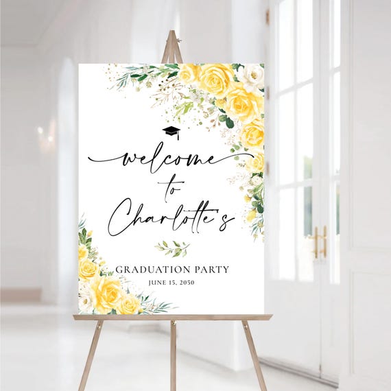 Yellow White florals Graduation Party Welcome Sign, Photo Graduation Poster, Modern Graduation Decoration, Grad Party Decor, Eucalyptus, YW1