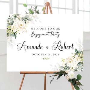 White roses Engagement party Welcome Sign, Greenery Engagement Party Decor, We are engaged, Bohemian, Eucalyptus, Cream roses, WR3