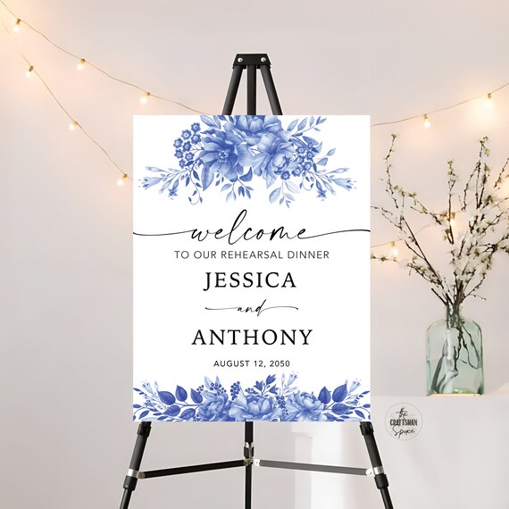 Blue Porcelain Rehearsal Dinner Welcome Sign Template, Floral Chinoiserie Wedding Rehearsal Sign, Wedding Decoration, Watercolor Flower, BP3