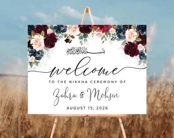 Burgundy and Navy Nikkah Wedding Welcome sign, Boho Nikkah Wedding Ceremony Decor, Islamic marriage ceremony, Nikkah Decor, Bohemian, BDY1