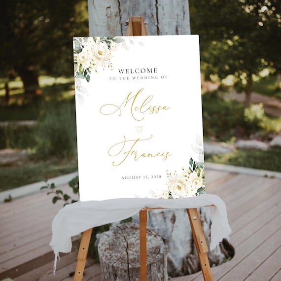 White roses Wedding Welcome Sign, Botanicals Wedding Decoration, Rustic Wedding Rehearsal Sign, Modern Wedding Sign, Editable, Corjl, WR3