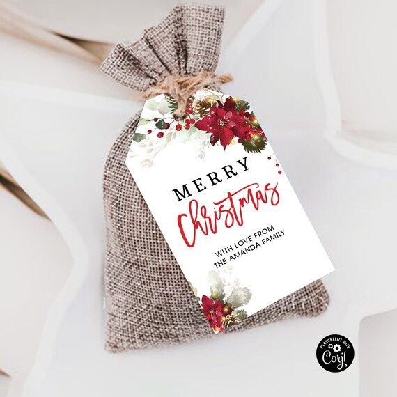 Christmas Gift Tag, Happy Holidays tags, Christmas party Tags for gifts, Personalized Tags, Poinsettia and Lights, Red Poinsettia, CMR2