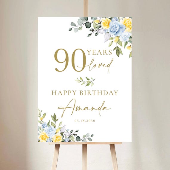 PRINTED OR DIGITAL Blue and Yellow Birthday Party Welcome Sign, Foam Board, Poster, Botanicals 90 Years Loved Sign, Faux Gold, Herbal, BY1