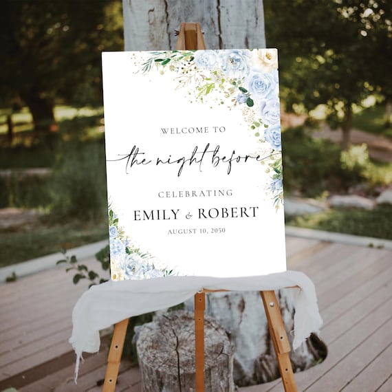 Dusty Blue Floral The night before Welcome Sign, Botanicals Wedding Rehearsal Dinner Decor, Modern Wedding Poster, Eucalyptus, Herbal, LB2