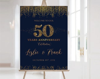 Navy blue Anniversary sign, 50th anniversary sign, Anniversary Sign Printable, 50th Anniversary decoration, 50th anniversary poster, Gold