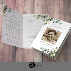 Greenery Celebration Of Life Program, Funeral, Obituary, Memorial Prayer Card, Word, Men, Women, Order Of Service, Corjl, 100% Editable, HB2 image 1