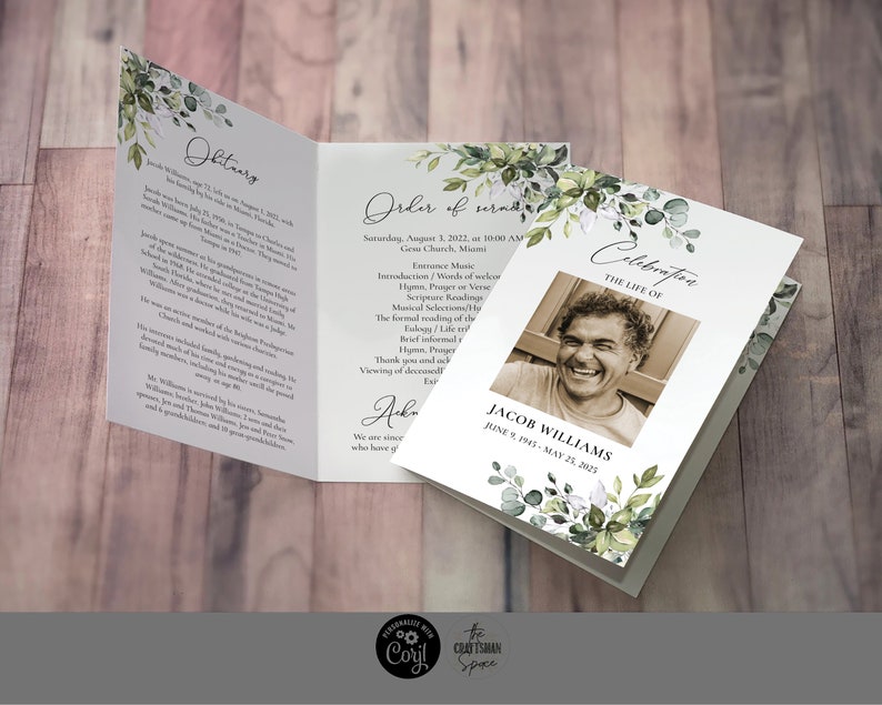 Greenery Celebration Of Life Program, Funeral, Obituary, Memorial Prayer Card, Word, Men, Women, Order Of Service, Corjl, 100% Editable, HB2 image 1