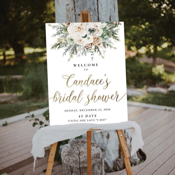 Winter Bridal Shower Welcome Sign, Pine With White Floral Bridal Shower Sign, Boho White Floral Rose Bridal Decor, Rustic Forest Pine, WF1