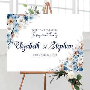Cartello di benvenuto di fidanzamento, cartello di benvenuto per matrimonio boho blu, cartello di festa di fidanzamento, siamo fidanzati, addio al nubilato, prove di matrimonio