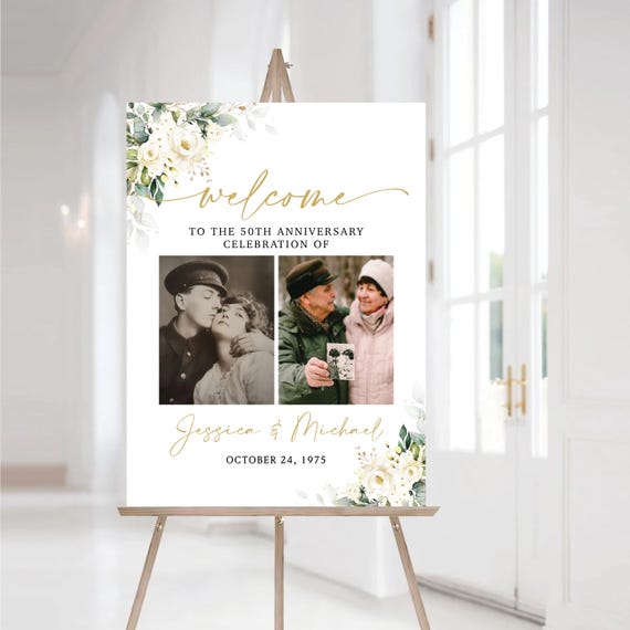 White roses 50th Wedding Anniversary Welcome Sign, Botanicals 50th Anniversary sign, Photo Wedding Anniversary, Celebrating 50 Years, WR3