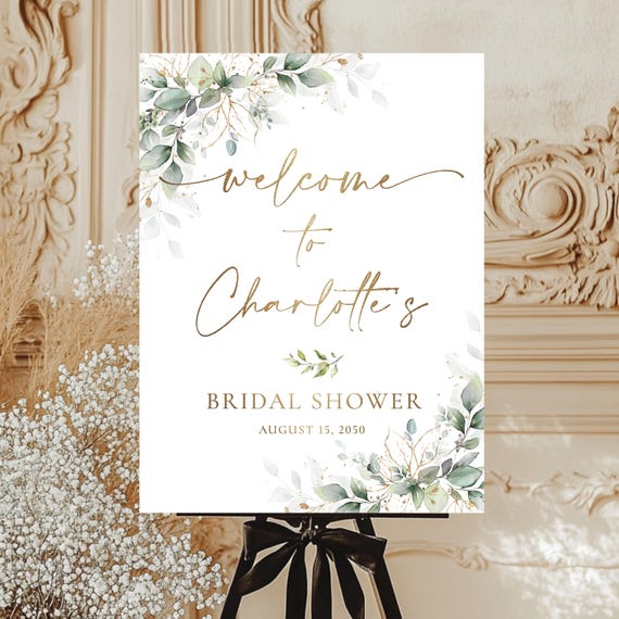 Minimal Greenery Bridal Shower Welcome Sign, Eucalyptus, Faux Gold (Printed or Digital File)