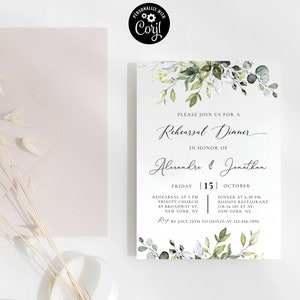 Greener Rehearsal dinner Invitation, the night before invite, Wedding rehearsal Invitation, Corjl, 100% Editable, Eucalyptus, HB2