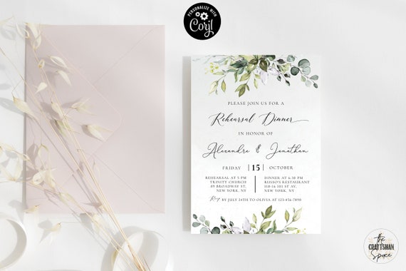 Greener Rehearsal dinner Invitation, the night before invite, Wedding rehearsal Invitation, Corjl, 100% Editable, Eucalyptus, HB2