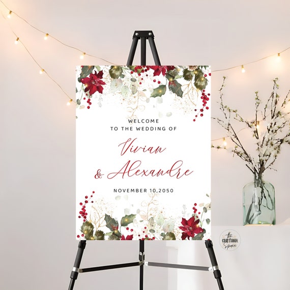 Christmas Wedding Welcome Sign Printable, Christmas Wedding Sign, Holiday Welcome Sign, Wedding welcome Sign, Poinsettia and Lights, CRM1