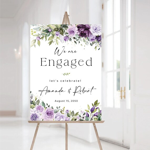 Purple Engagement Party Welcome Sign, Printable Floral We are Engaged Poster, Botanical Wedding Sign, Violet Flowers, Digital File, PF1