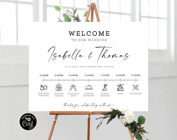 Modern Wedding Timeline Welcome Sign, Minimalist Order of Events Sign, Timeline Wedding Sign, Wedding Elegant Itinerary Sign, Editable,Corjl