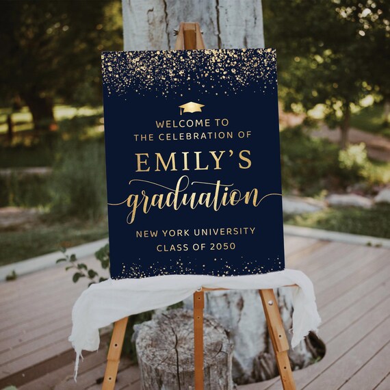 Navy Golden Graduation Party Welcome Sign, Gold Glitter Graduation Decoration, Modern Graduation with photo Party Sign, Grad Party Poster