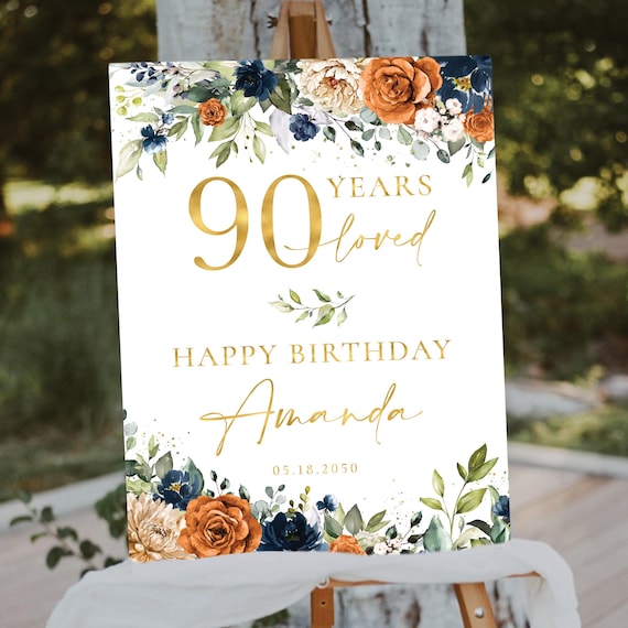 Rustic 90th Birthday Welcome Sign, Burnt Orange Navy Blue Floral, Boho Fall (Digital Printable)