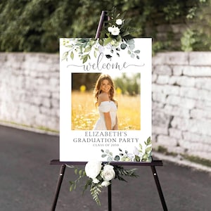 Greenery Graduation Party Welcome Sign, Photo Graduation Poster, Printable Botanical Grad Party Signage, Graduation Decor, Digital File, HB2