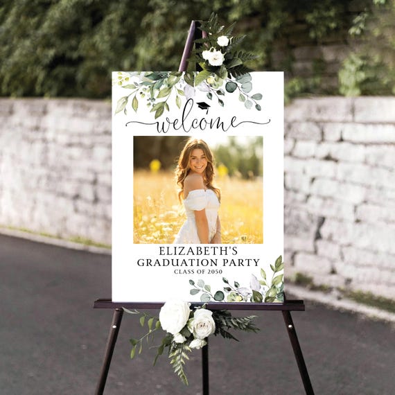 Greenery Graduation with photo Welcome Sign, Photo Graduation Poster, Gold Glitter, Modern Graduation Decor, Grad Party, Eucalyptus, HB2