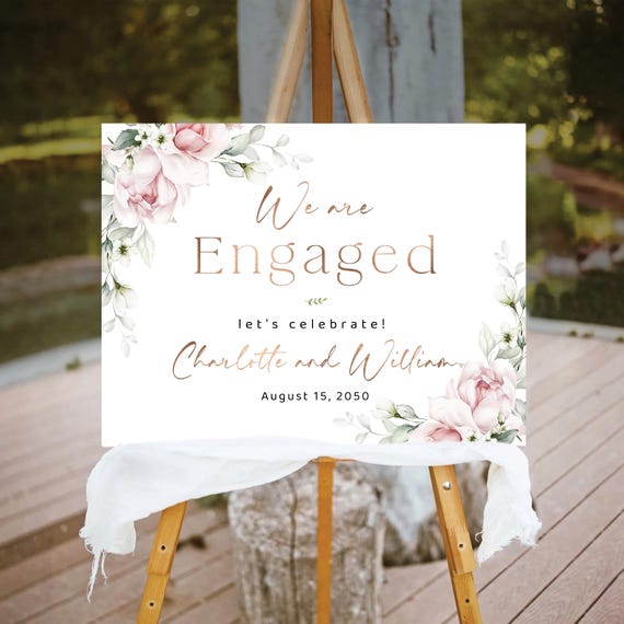 Blush Pink Roses Engagement Party Welcome Sign, Botanicals We are engaged Sign, Winter roses Wedding Engagement Decorations, Bohemian, A2