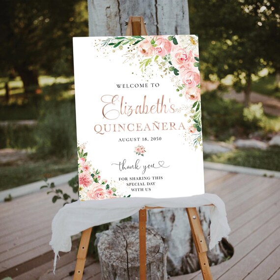 Pink Floral Quinceañera Welcome Sign, Blush Flowers and Greenery, Sweet 16 (Digital Printable)