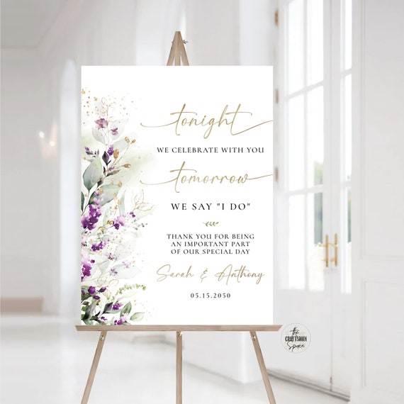 Greenery Purple Rehearsal Dinner Sign, One Day Away Welcome Sign, The night before Sign, Wedding Decoration, Lilac Lavender floral, Boho,GPU