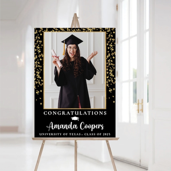 Graduation with photo Welcome Sign, Modern Photo Graduation Poster, Gold Glitter, Graduation Decorations, Graduation Party Sign, Grad Party